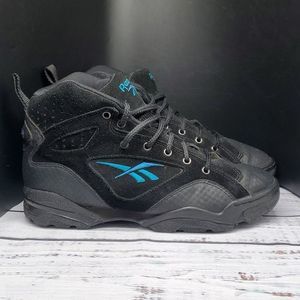 Reebok Vintage Black Suede High Top Sneakers Teal Embroidery Size Women's 9.5